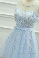 Round Neck Short Blue Lace Semi Formal Prom Dresses, Short Blue Lace Homecoming Graduation Dresses